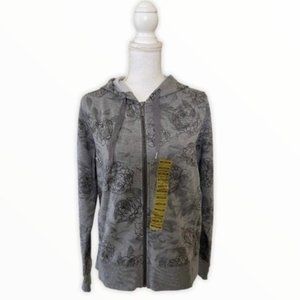Eddie Bauer Hoodie Jacket Floral Print Gray Zip Up